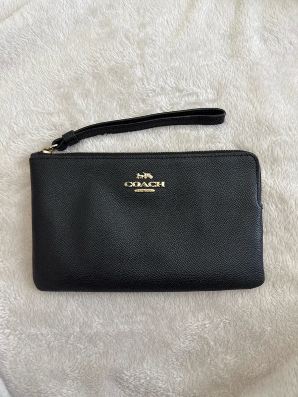 Coach Black Pebbled Leather Wristlet with Gold Logo